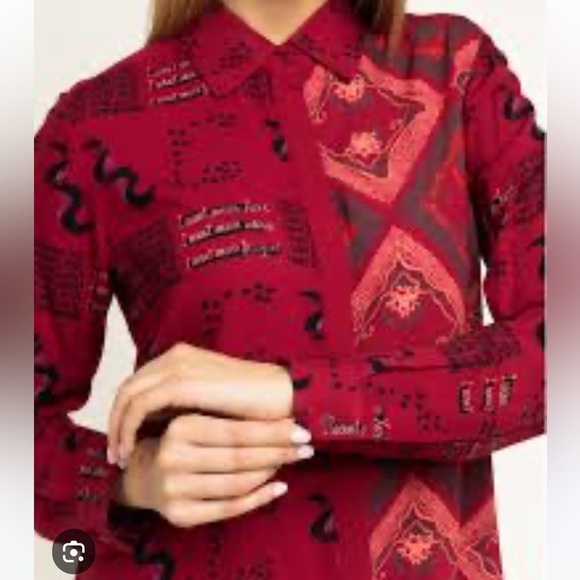 Desigual red asymmetric button up long sleeve. NWT. Size small. - Picture 3 of 5